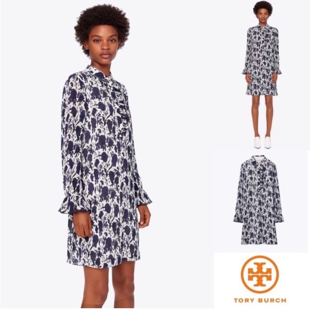 Tory Burch Livia Navy/White Floral Tie-Neck Shift Dress Ruffled Feminine Sz 10